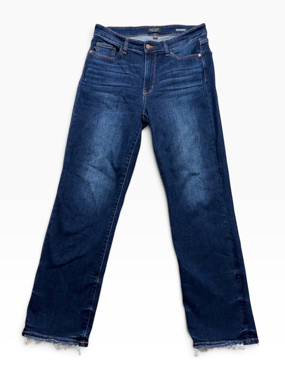 Judy Blue Jeans Mid Rise Straight Leg Jeans Dark Wash Frayed Hem 11/30